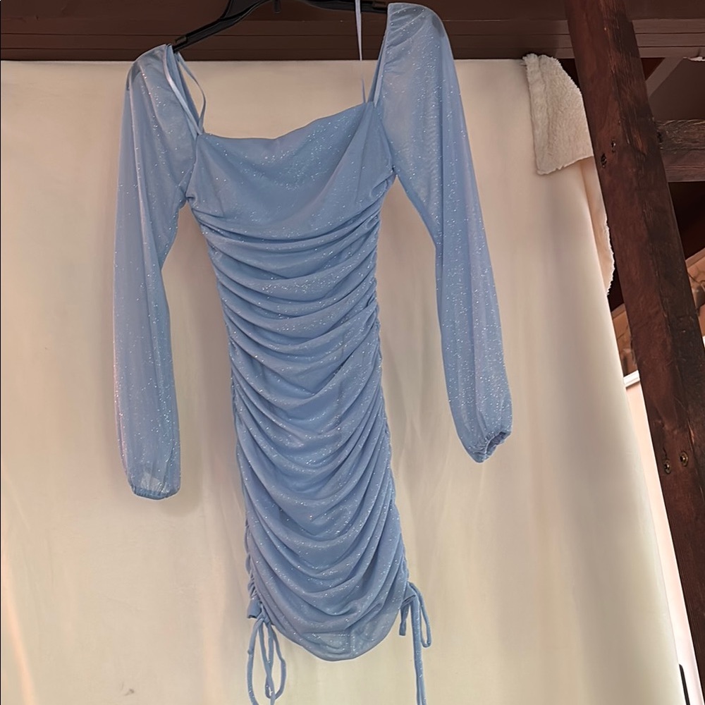 Jump Blue Ruched Bodycon Dress with Bishop Sleeves
